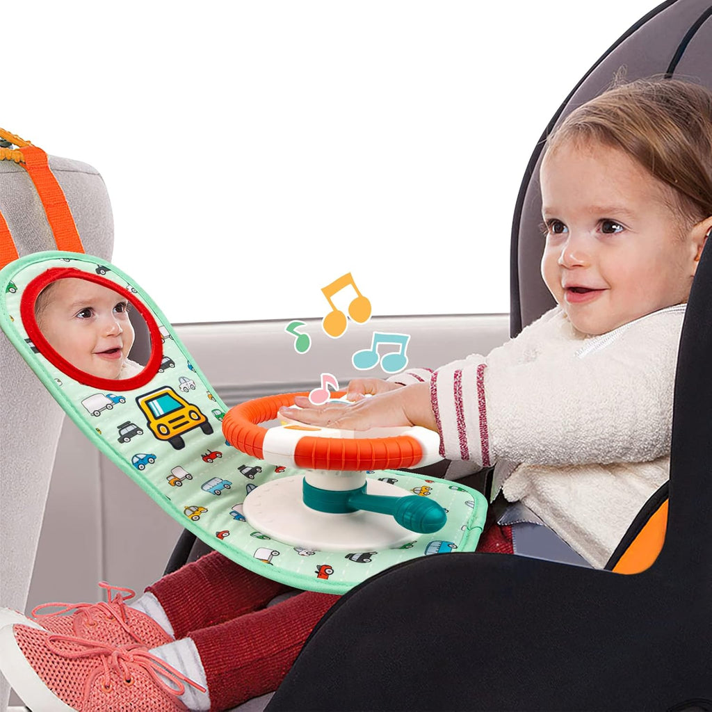 Baby Car Seat Activity Toy with Steering Wheel, Mirror, Music & Lights for Infants