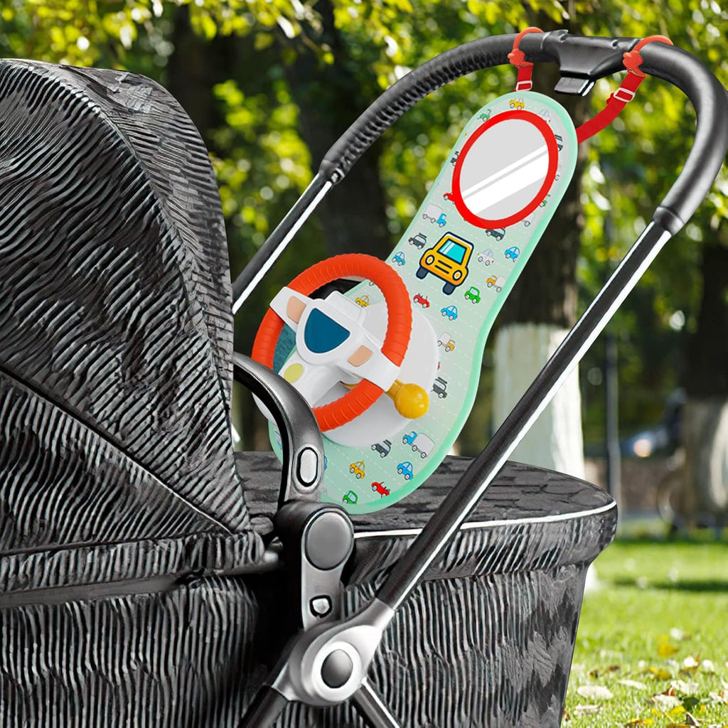 Baby Car Seat Activity Toy with Steering Wheel, Mirror, Music & Lights for Infants