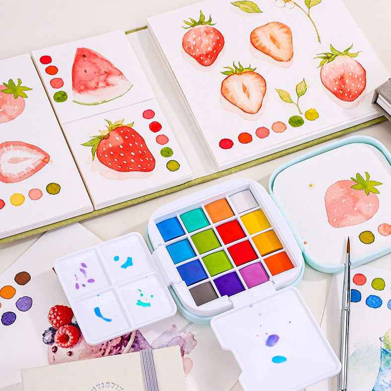 Portable Watercolor Paint Set, 16 Colors with Brushes, Pocket-Sized Watercolor Kit