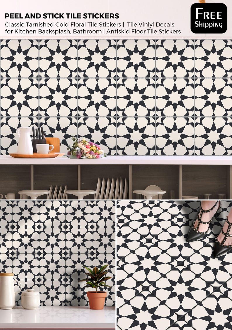 Peel and Stick Star Geometric Tile Stickers | Anti-Skid for Floors | Kitchen & Bathroom Wall Backsplash Vinyl Decals | Removable