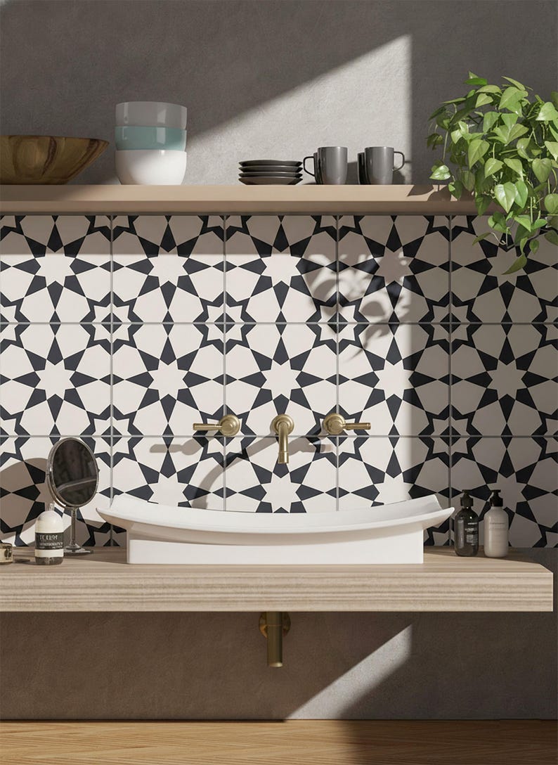 Peel and Stick Star Geometric Tile Stickers | Anti-Skid for Floors | Kitchen & Bathroom Wall Backsplash Vinyl Decals | Removable