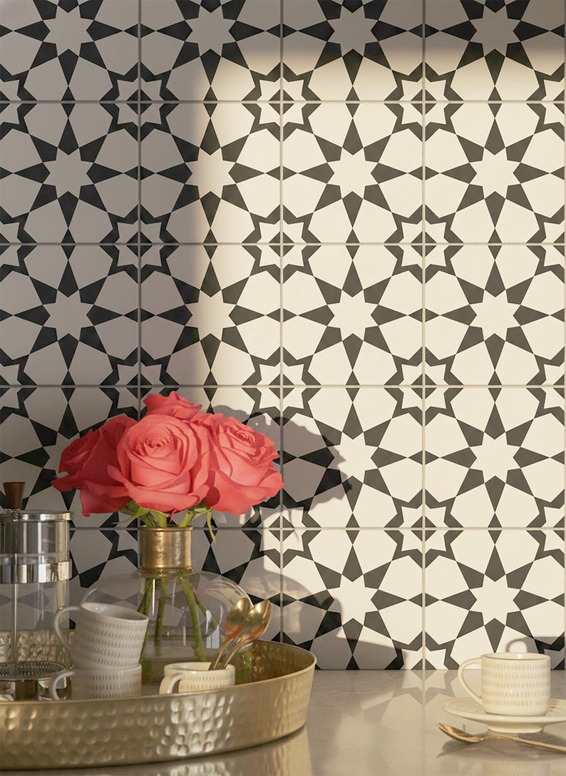 Peel and Stick Star Geometric Tile Stickers | Anti-Skid for Floors | Kitchen & Bathroom Wall Backsplash Vinyl Decals | Removable